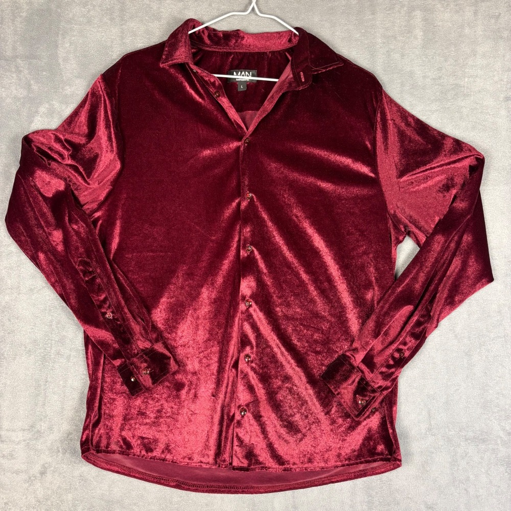 boohooMAN Mens Velvet Button Down Shirt Burgundy Red Long Sleeve Size L